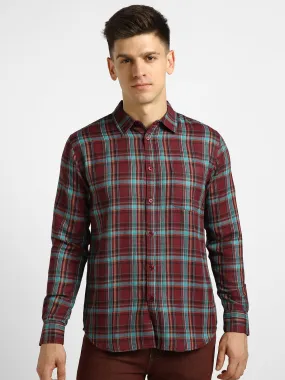 Men's Maroon Cotton Full Sleeve Slim Fit Casual Checkered Shirt