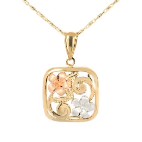 14K Tri-Color Gold Two Plumeria Scroll Square Pendant (Chain Sold Separately)