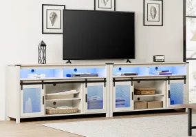 2-In-1 TV Stand for 100  Inch TV, Farmhouse & Industrial Media Entertainment Center w/Sliding Mesh Doors, Rustic TV Console w/Storage Shelves & Blue LED Lights for Living Room, Rustic White