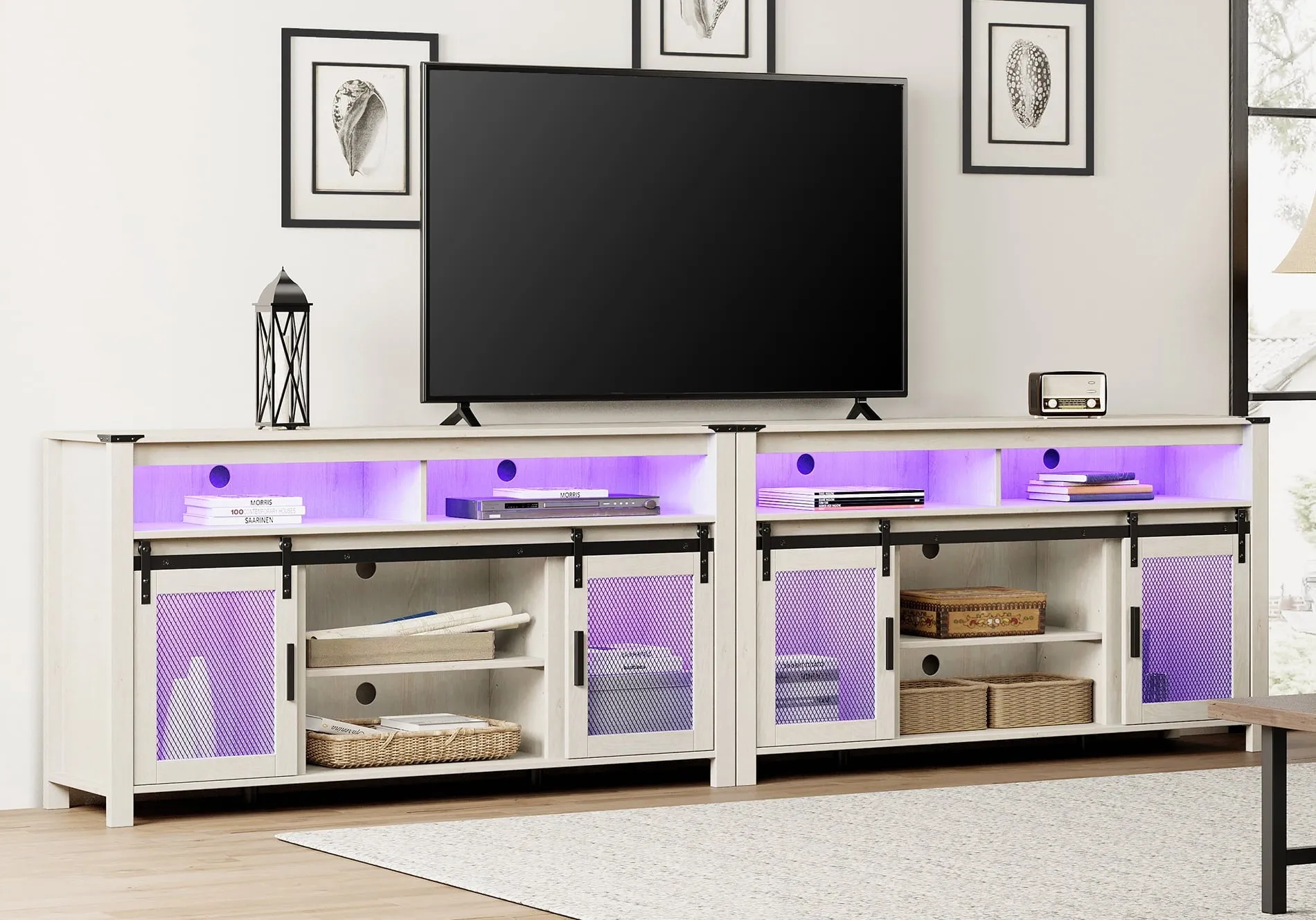 2-In-1 TV Stand for 100  Inch TV, Farmhouse & Industrial Media Entertainment Center w/Sliding Mesh Doors, Rustic TV Console w/Storage Shelves & RGB LED Lights for Living Room, Rustic White