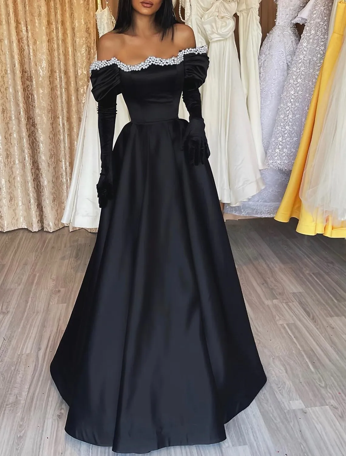 A-Line Evening Gown Gothic Dress Formal Wedding Party Floor Length Long Sleeve Off Shoulder Satin with Pearls