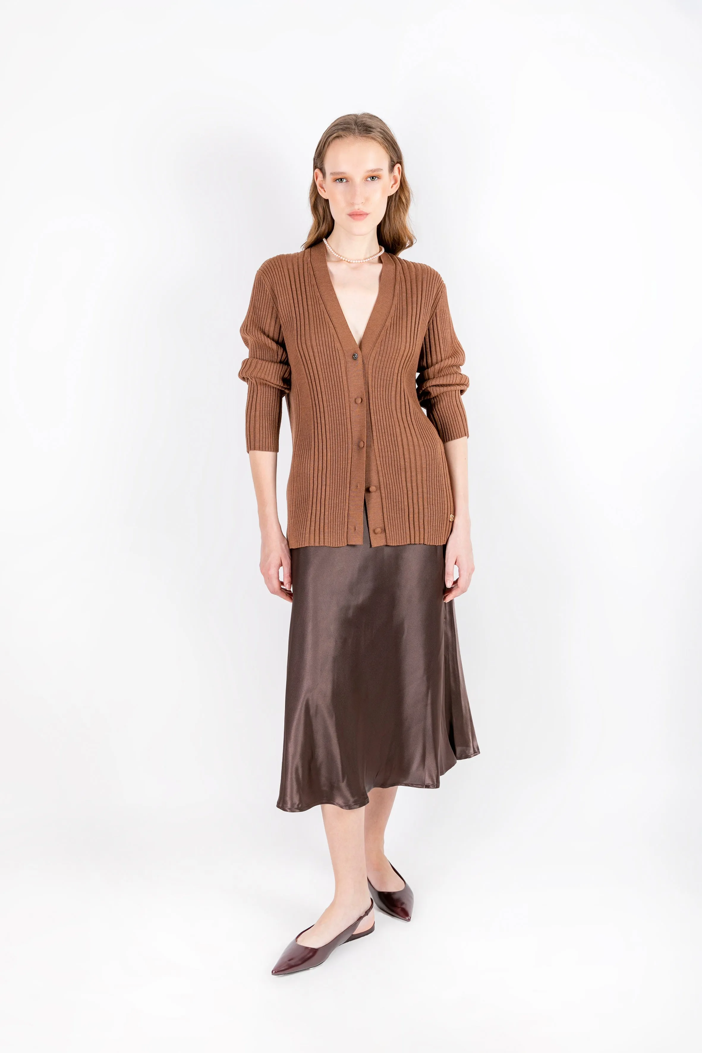 Azade - 100% Wool Brown Cardigan with Camisole Detail