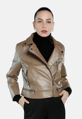 Faux Leather Collared Biker Jacket