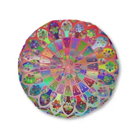 Hand Drawn Mandala Floor Cushion - Colorful Art on Light Blue - Tufted