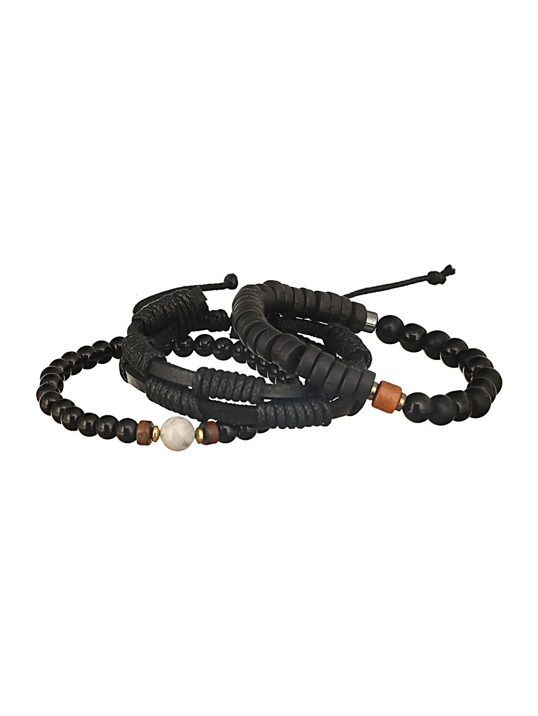 Jazz And Sizzle Men Set of 3 Black Beaded Elasticated & Leather Wraparound Bracelet