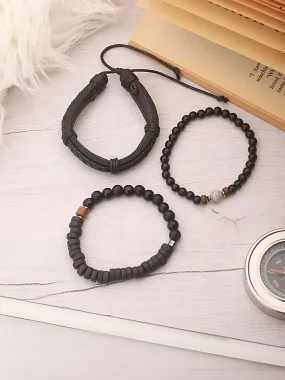 Jazz And Sizzle Men Set of 3 Black Beaded Elasticated & Leather Wraparound Bracelet