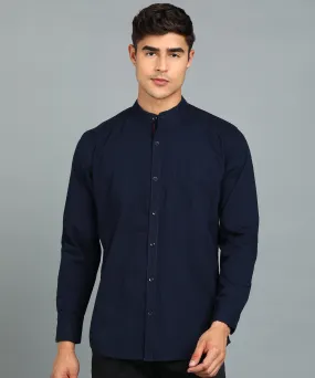 Men's Navy Blue Cotton Full Sleeve Slim Fit Solid Shirt with Mandarin Collar