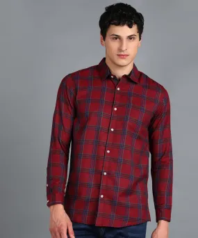 Men's Red Cotton Full Sleeve Slim Fit Casual Checkered Shirt