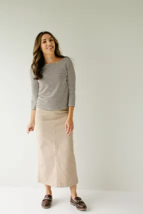 'Sara' Long Stretch Denim Skirt in Khaki