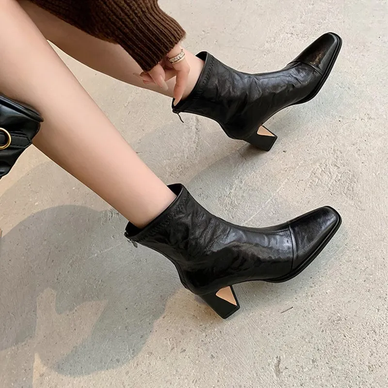 Square Toe Sheepskin Slimming Boots 70mm Heeled Back Zipper Ankle Boots In Black/Coffee