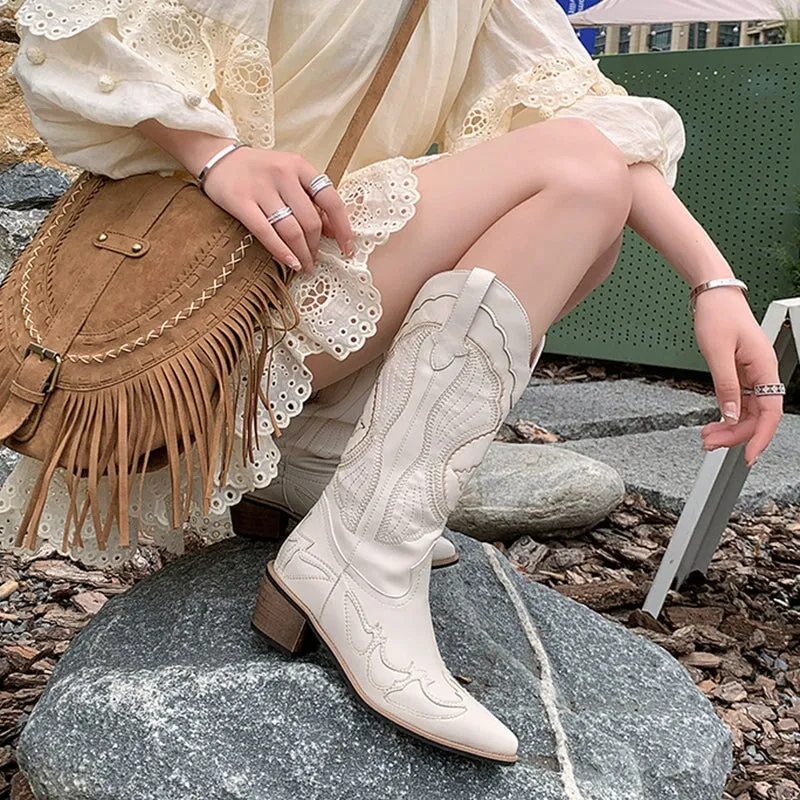 Womens Western Boots Mid Calf Contrast-stitching Cowboy Boots- White/Coffee